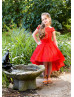 Off Shoulder Red Lace Tea Length Flower Girl Dress High Low Dress